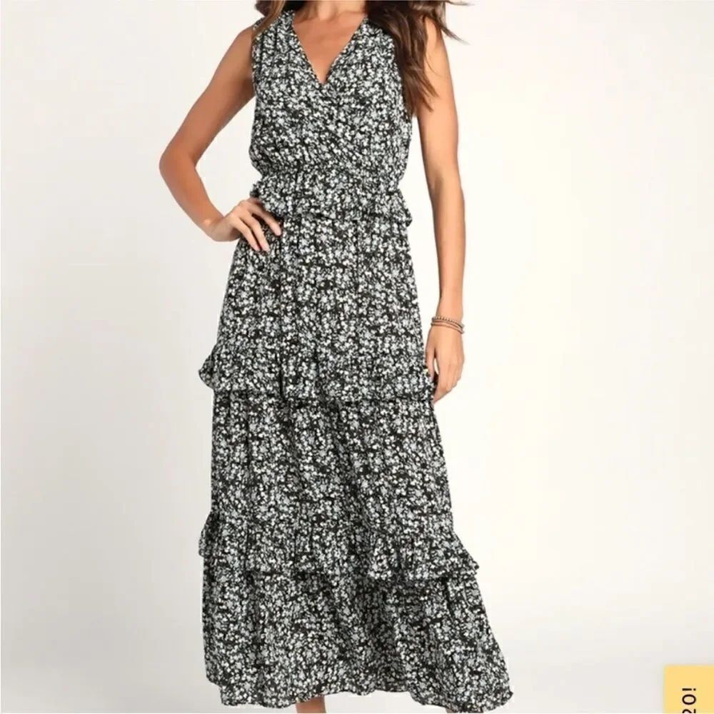 Lulus Spring in Your Step Black Floral Print Tiered Maxi Dress